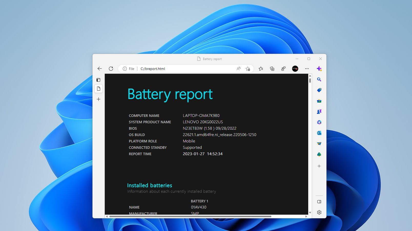 Windows battery report