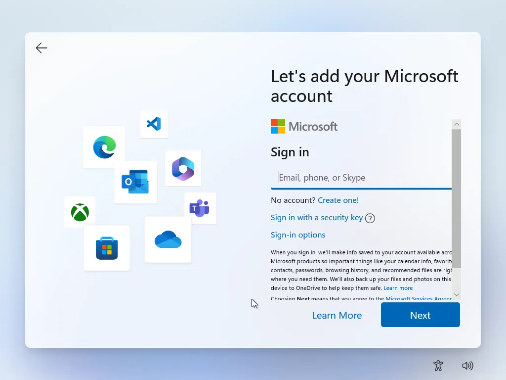 Windows account setup page